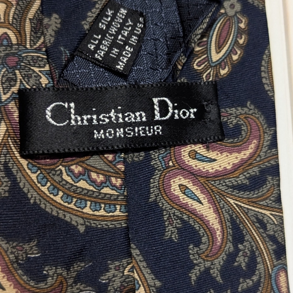 CHRISTIAN DIOR Vintage Mens Designer Silk Navy Floral Paisley Print Neck Tie